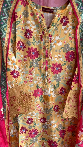 Pakistani Original Bin Saeed Cotton Chickankari Stitched 3Pcs_ Mastard 